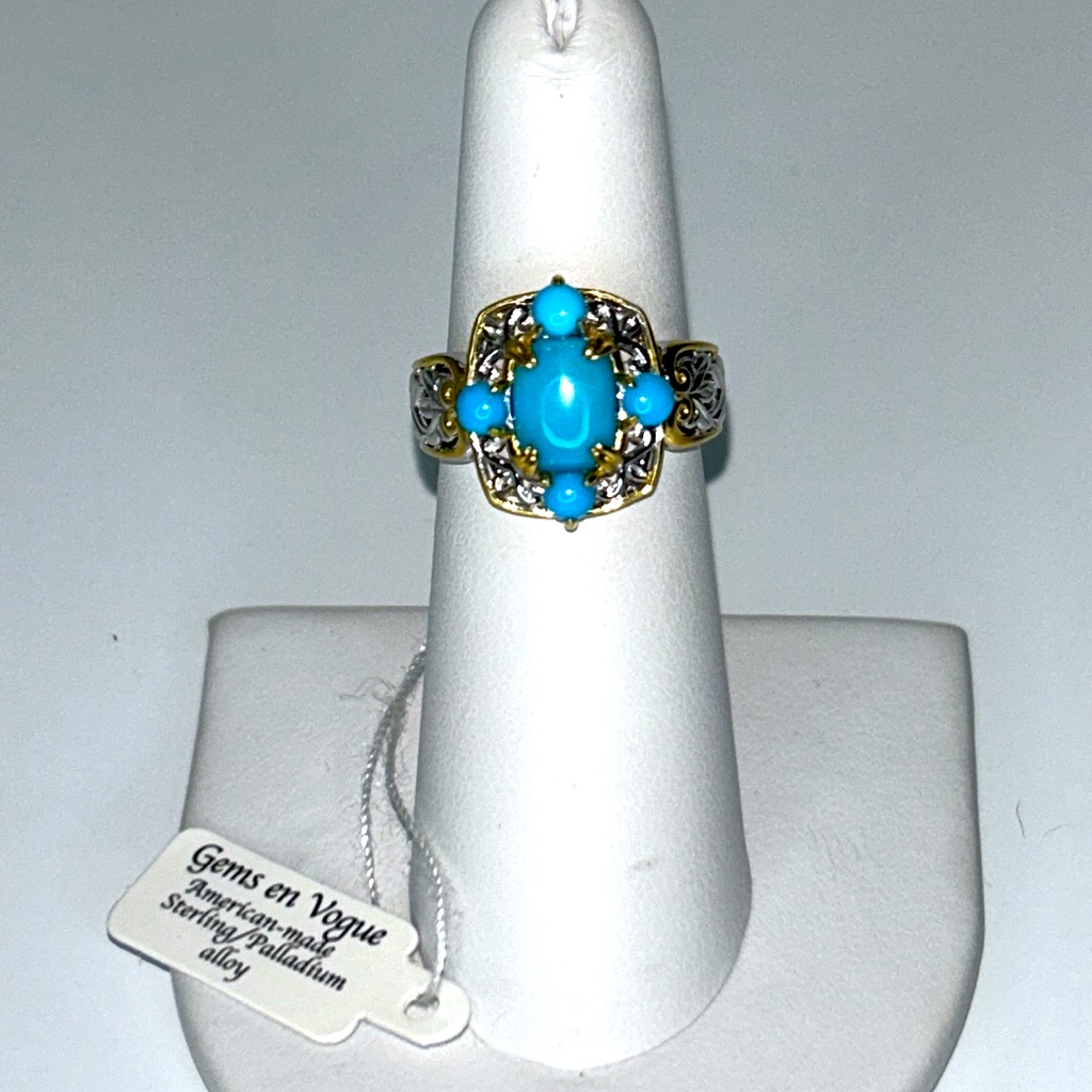 Gems En Vogue Sleeping Beauty Turquoise Silver Sterling 18k Accent Designer Ring